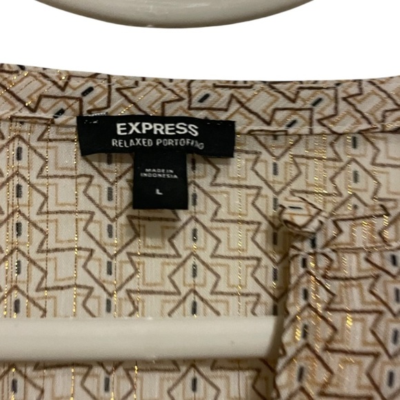 Express Relaxed Portofino Geometric Gold Threaded Long Sleeve Sheer Blouse - Picture 2 of 6